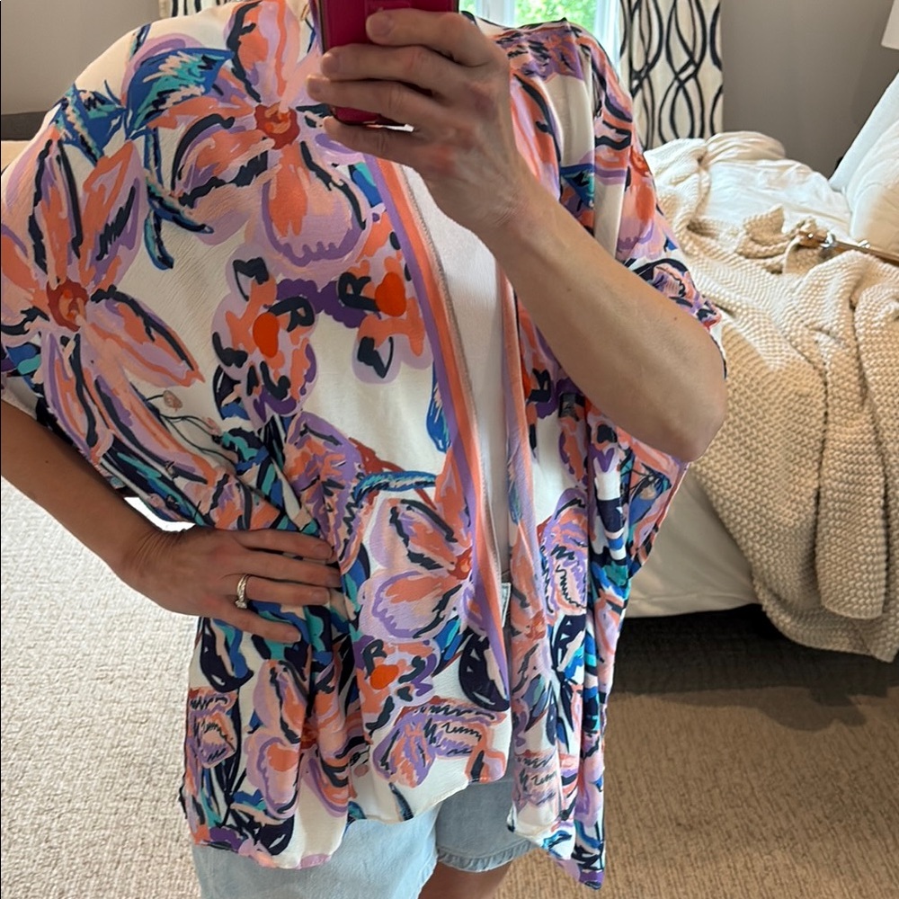 Floral Open Front Kimono — Peach, Lavender & Navy